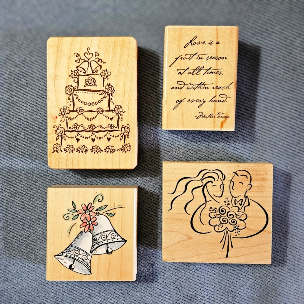 Wedding themed rubber stamps, lot of 4 wooden based stamps